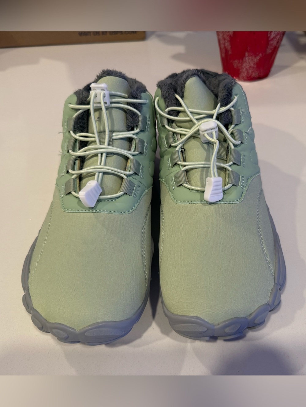 Mint Green Lace-Toggle Winter Sneakers with Faux Fur